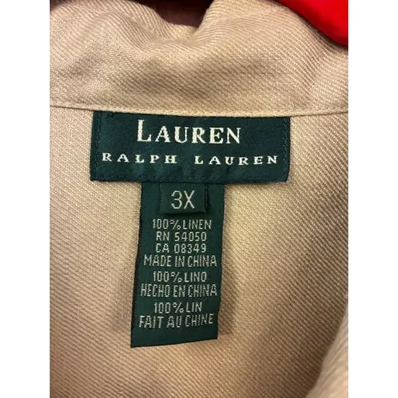 LAUREN Ralph Lauren Beige 100% Linen Button Up Shirt Blouse Size 3X - Picture 3 of 5